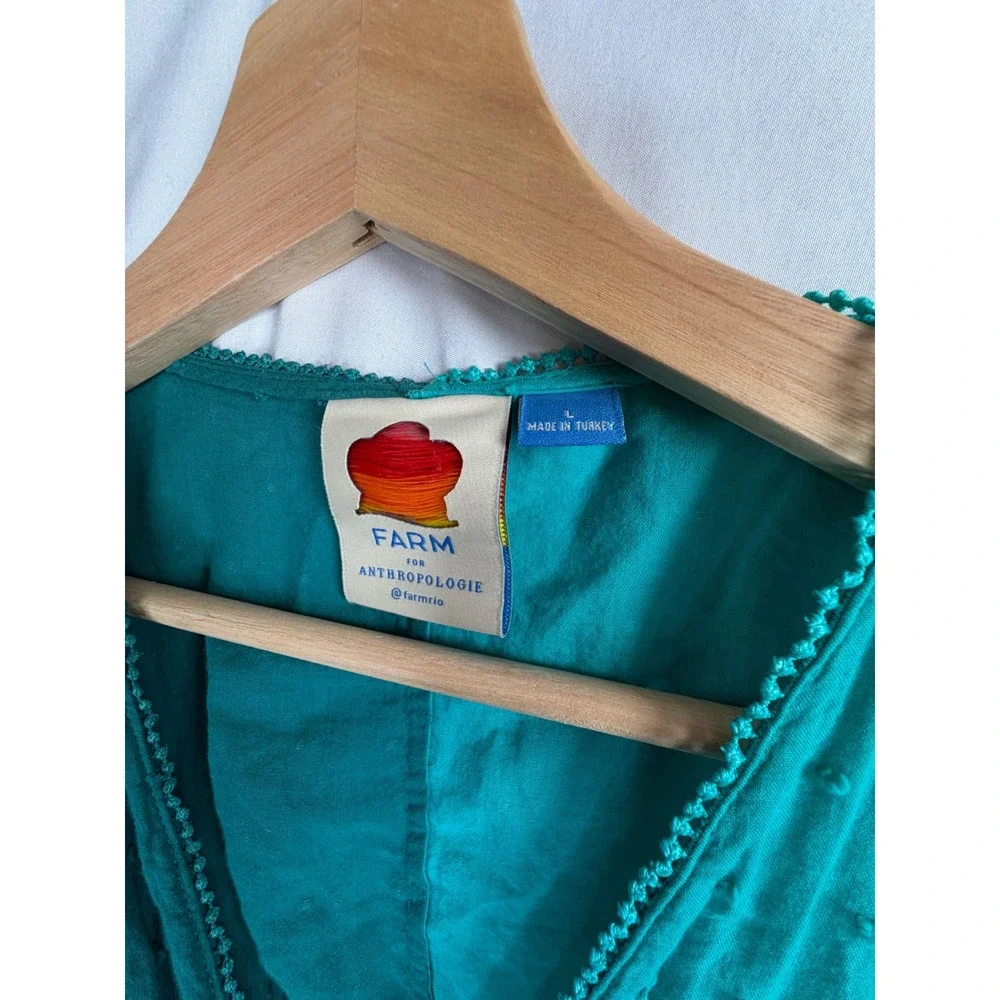 Farm Rio Anthropologie Wrap Top L Teal Green Swiss Dot Colorblock Puff Sleeve